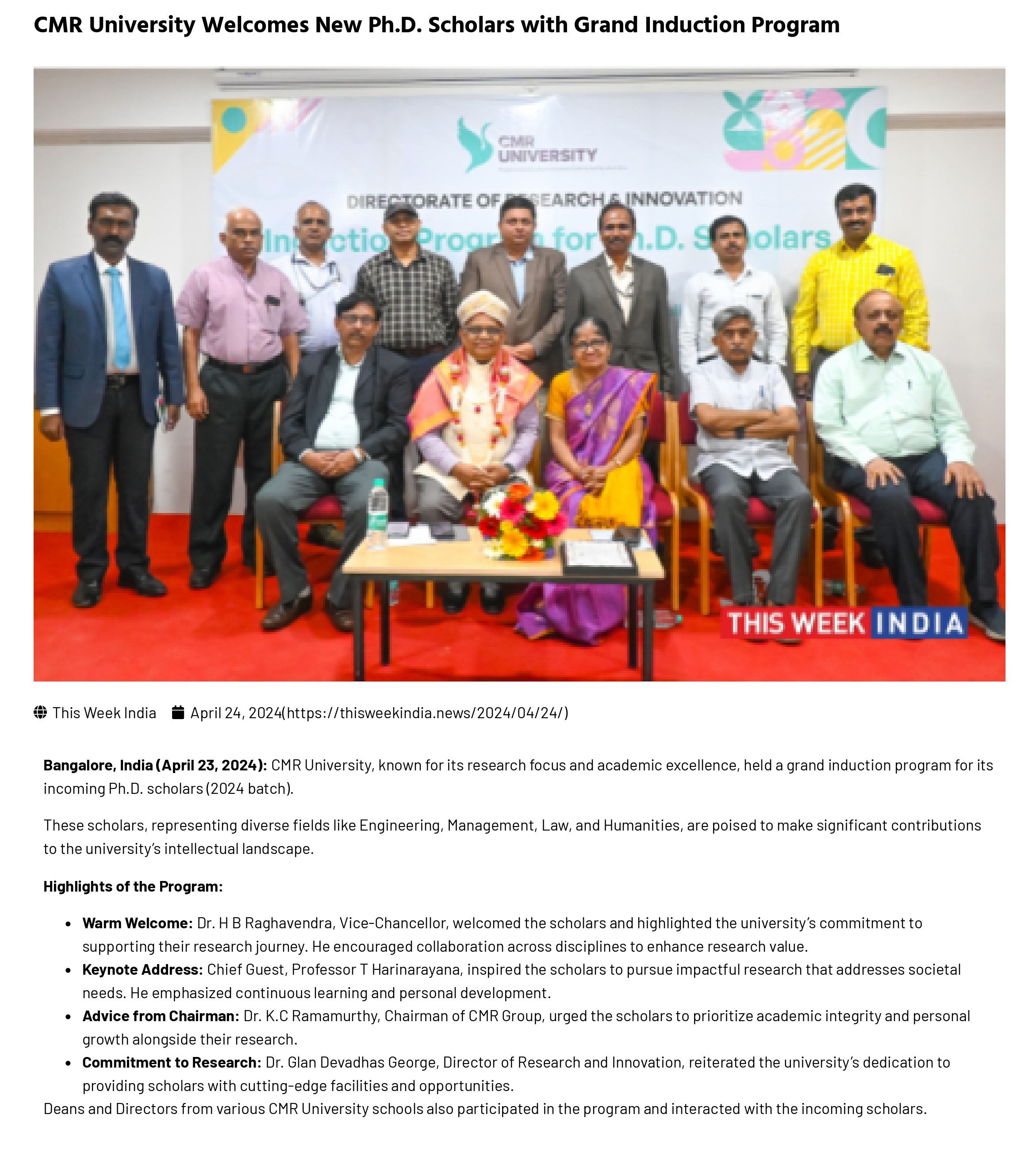 Cmr Program CMR University Welcomes New Ph.D. Scholars with Grand Induction Program ...